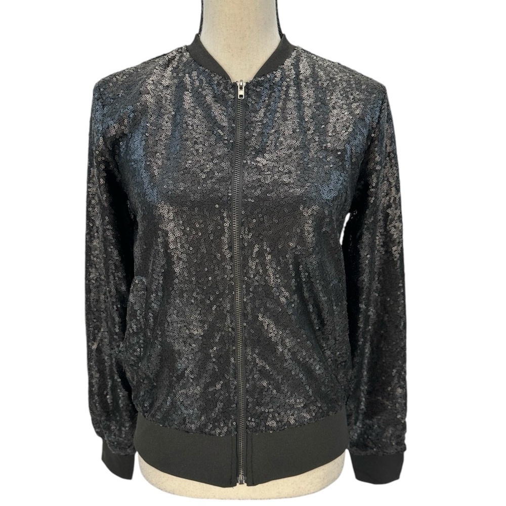 Say What Long Sleeve Zip Front Crew Neck Sequin Jacket - Black - size XS